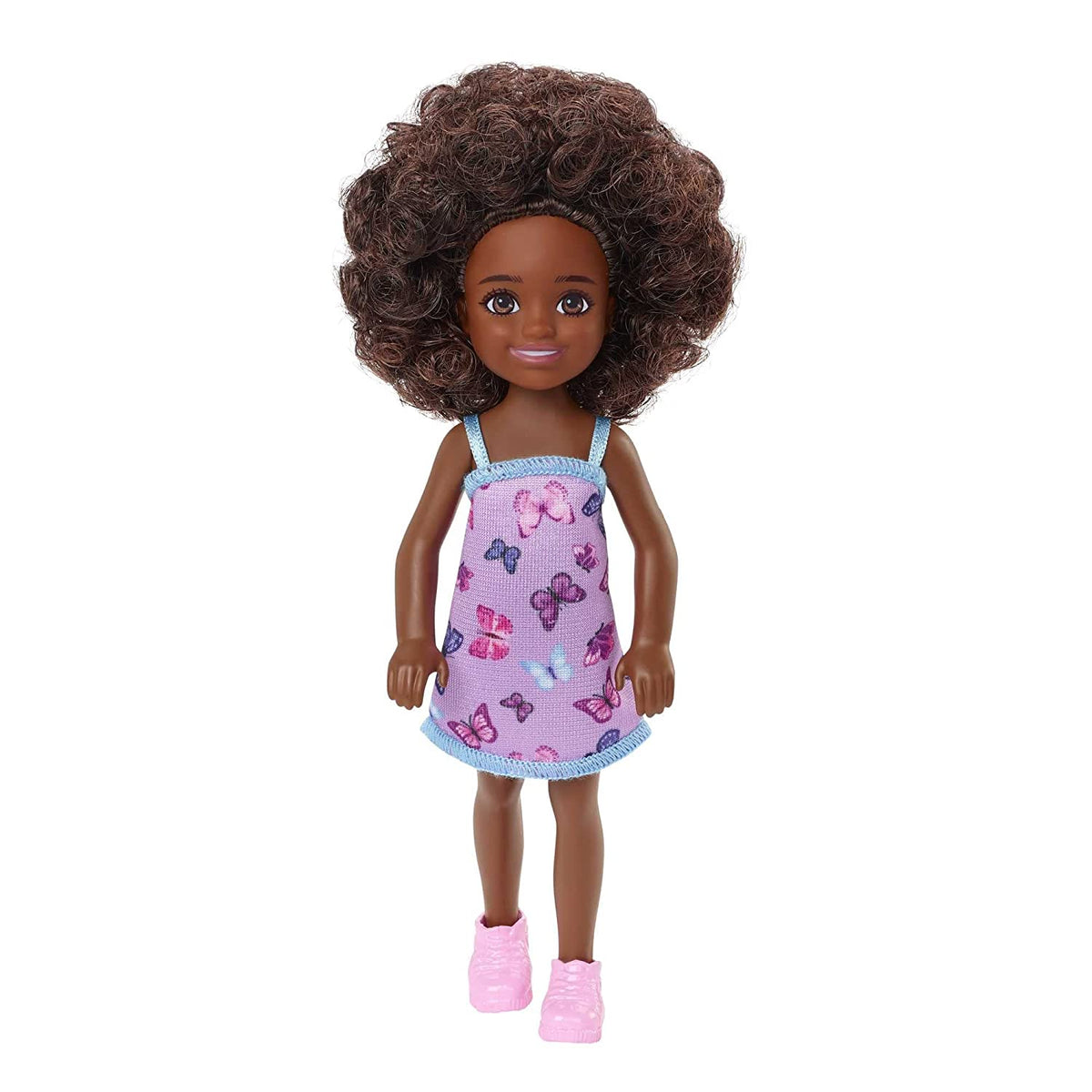 Barbie Chelsea 6 Inch Doll Curly Brunette Hair Wearing Butterfly-Print Dress and Pink Shoes for Kids Ages 3 Years Old & Up