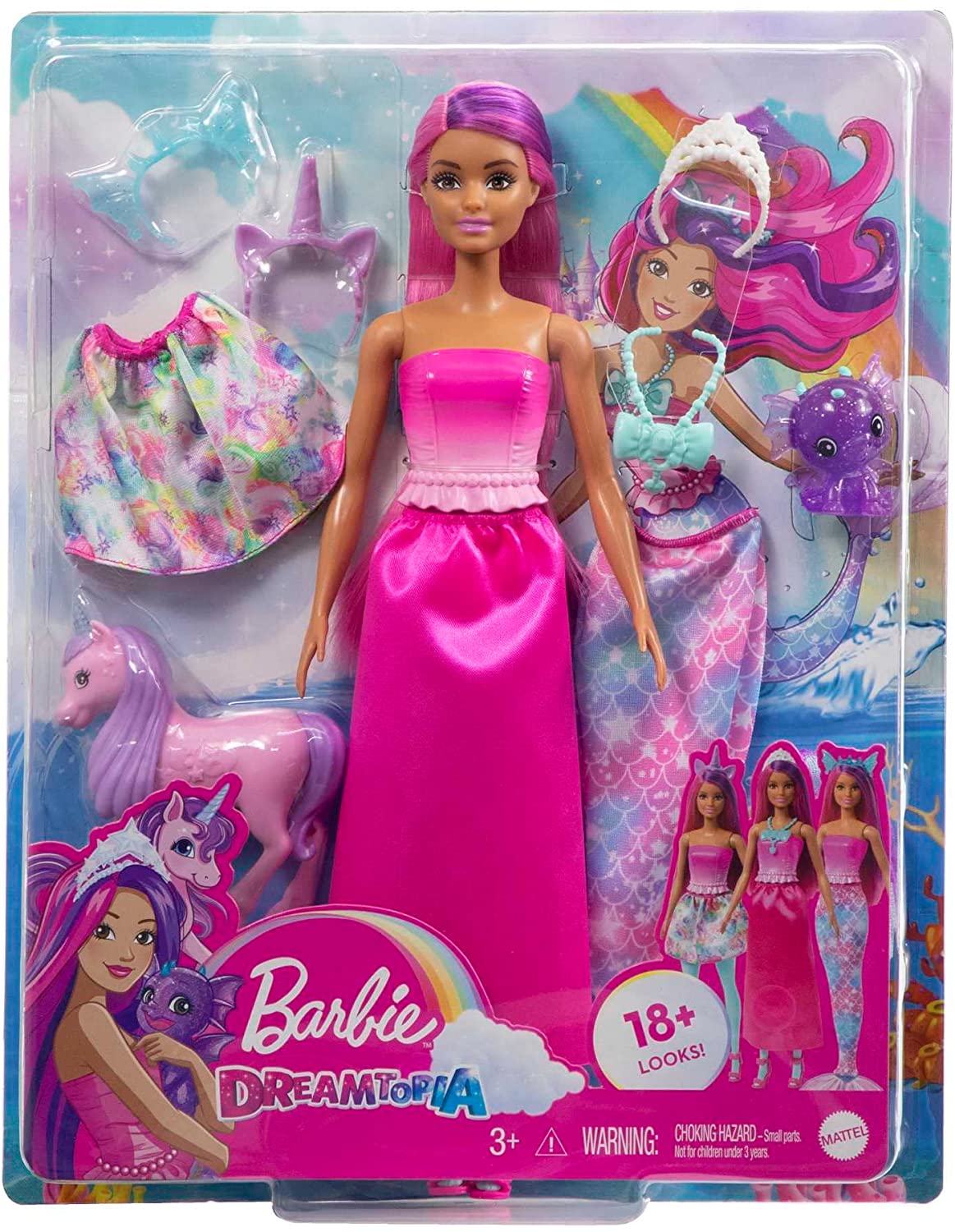 Barbie Mermaid Fantasy Dress-Up Clothes Set & Accessories Doll with Baby Unicorn and Dragon Pets for Kids Ages 3+