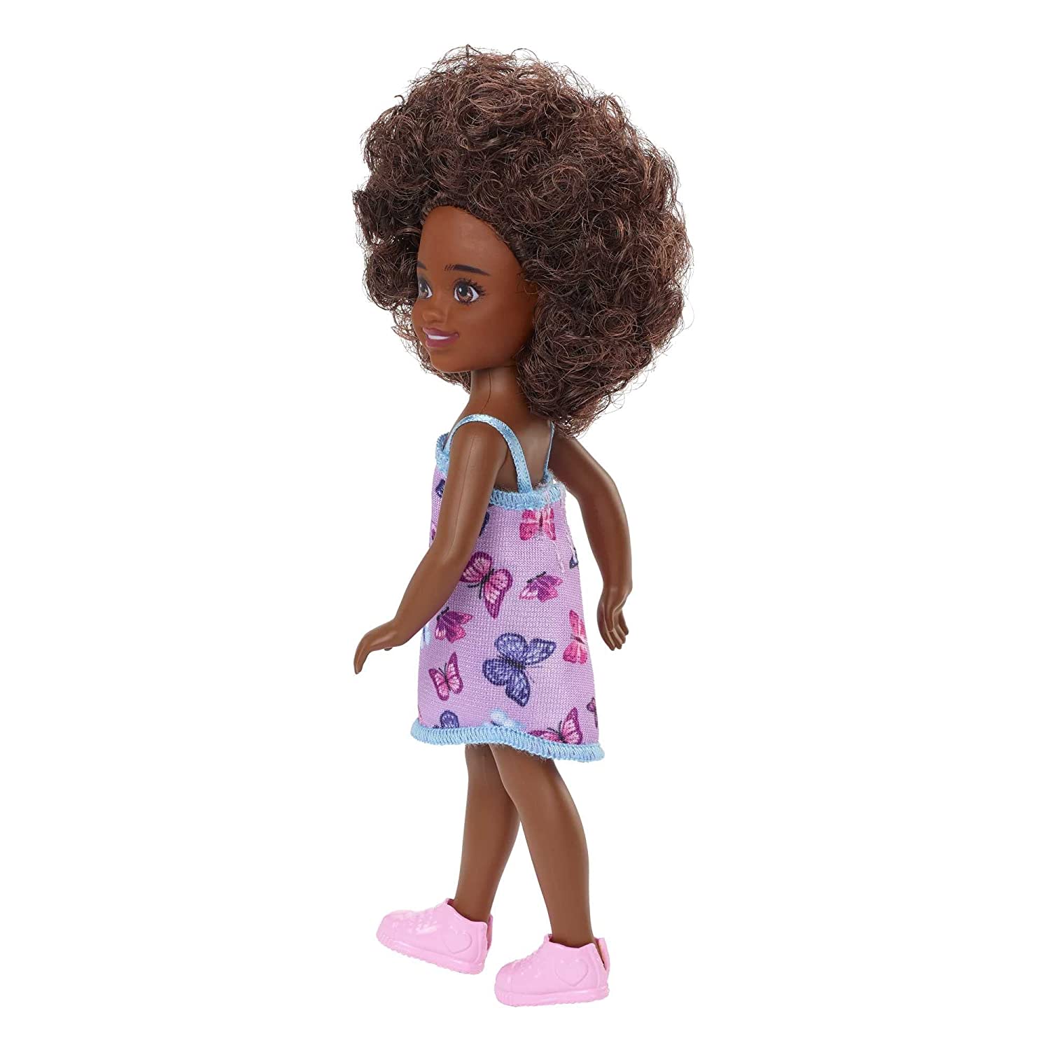 Barbie Chelsea 6 Inch Doll Curly Brunette Hair Wearing Butterfly-Print Dress and Pink Shoes for Kids Ages 3 Years Old & Up