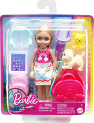 Barbie Chelsea Blonde Doll Travel Set Accessories with Puppy, Pet Carrier & Backpack for Kids Ages 3+