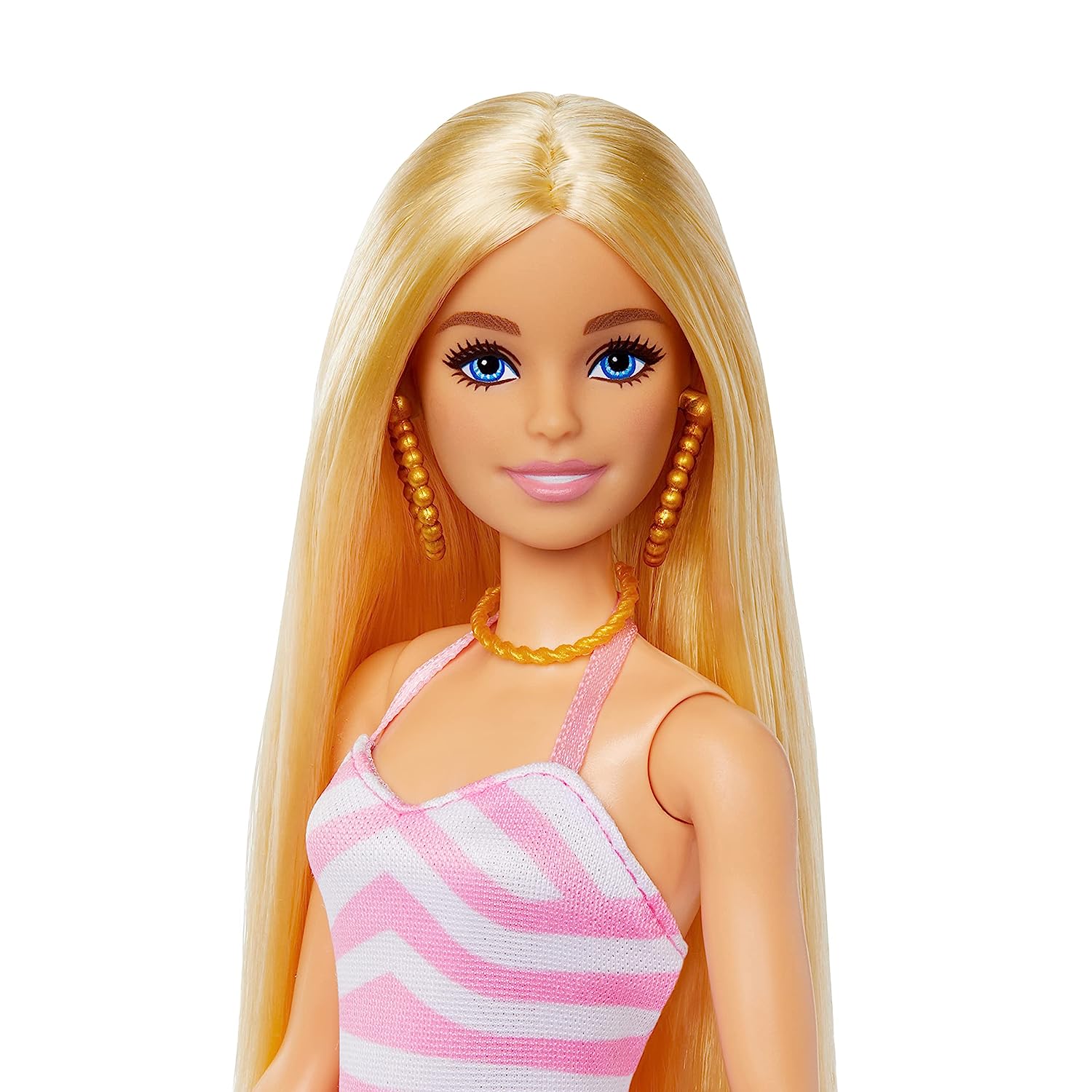 Barbie ​Blonde Doll with Pink and White Swimsuit, Sun Hat, Tote Bag and Beach-Themed Accessories