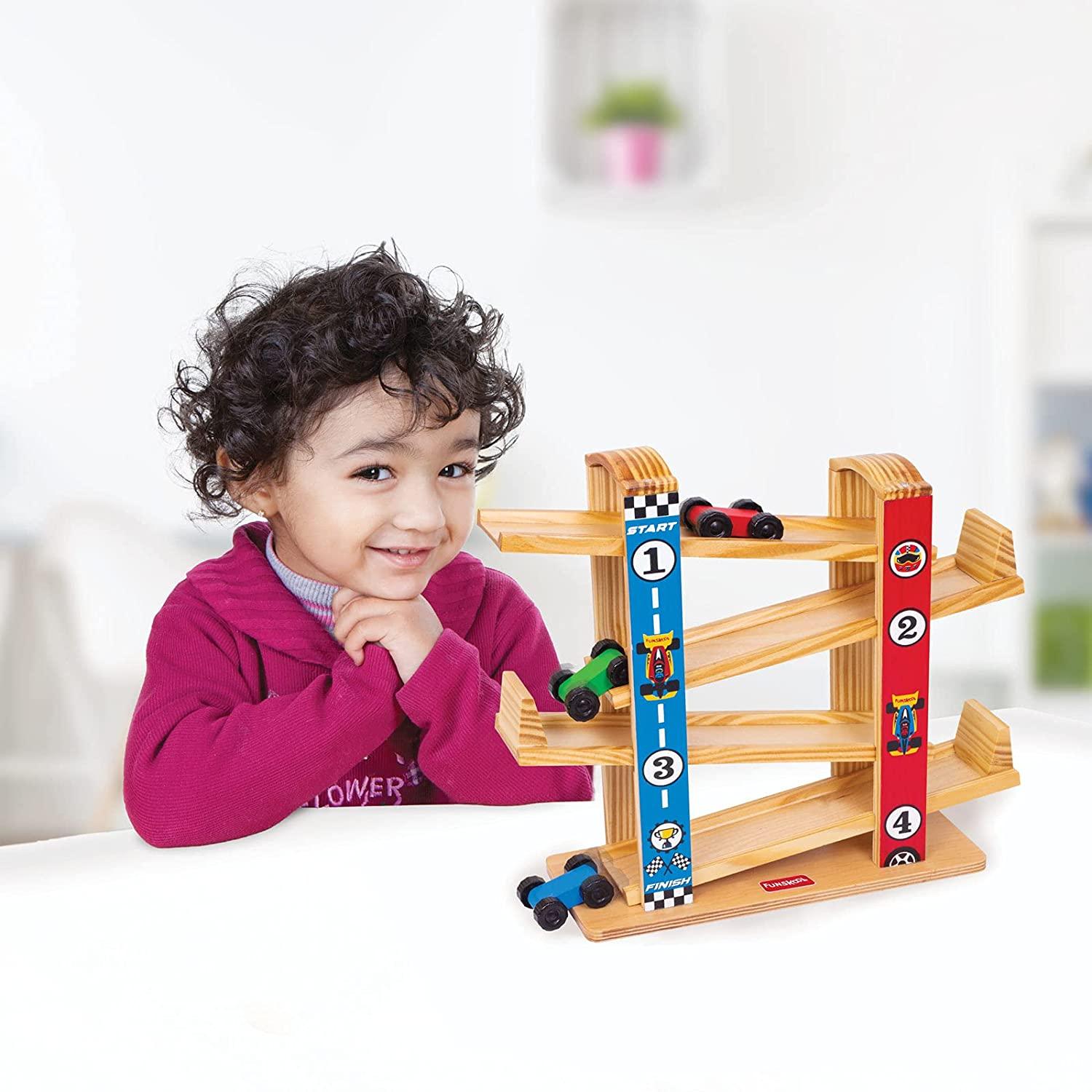 Funskool Giggles Ramp Racer - Wooden Racing Toy with 3 Mini Cars for Ages 2+ - FunCorp India