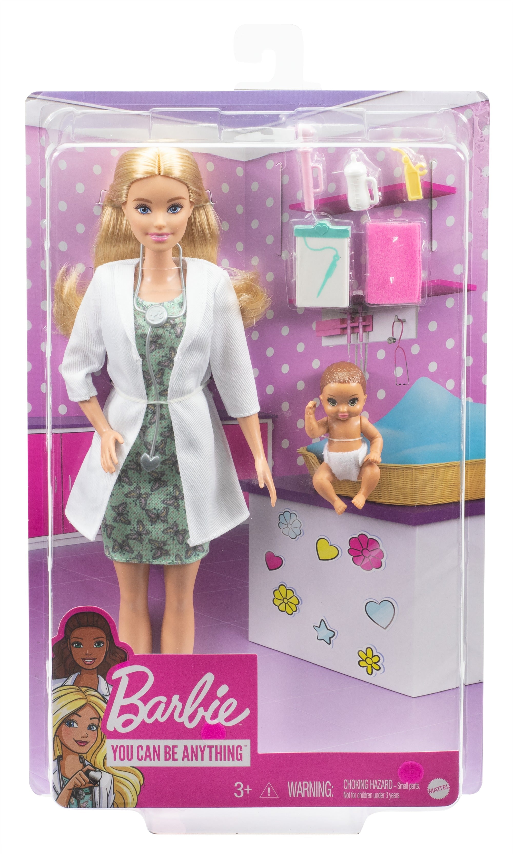 Barbie Baby Doctor Playset with 12 Inch Blonde Doll, Infant Doll, Stethoscope, Thermometer, Oscilloscope, Chart, Blanket & Baby Bottle for Kids Ages 3+