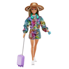 Barbie Holiday Fun Doll & Accessories Set with 12 Inches Blonde Highlighted Hair Doll, Travel Tote & Hat, Swimsuit & Summer Accessories for Kids Ages 3+