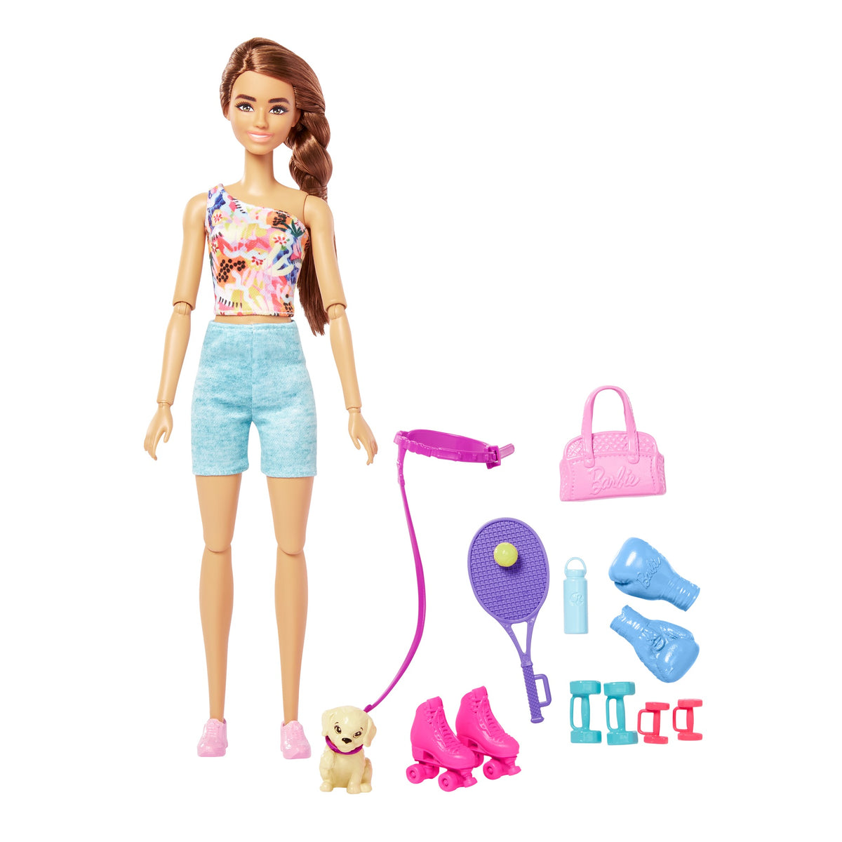 Barbie Wellness Doll Playset with Brunette Doll with Pet Puppy, Barbie Sets, Workout Theme with Accessories, Self-Care Series, Roller Skates and Tennis for Kids Ages 3+