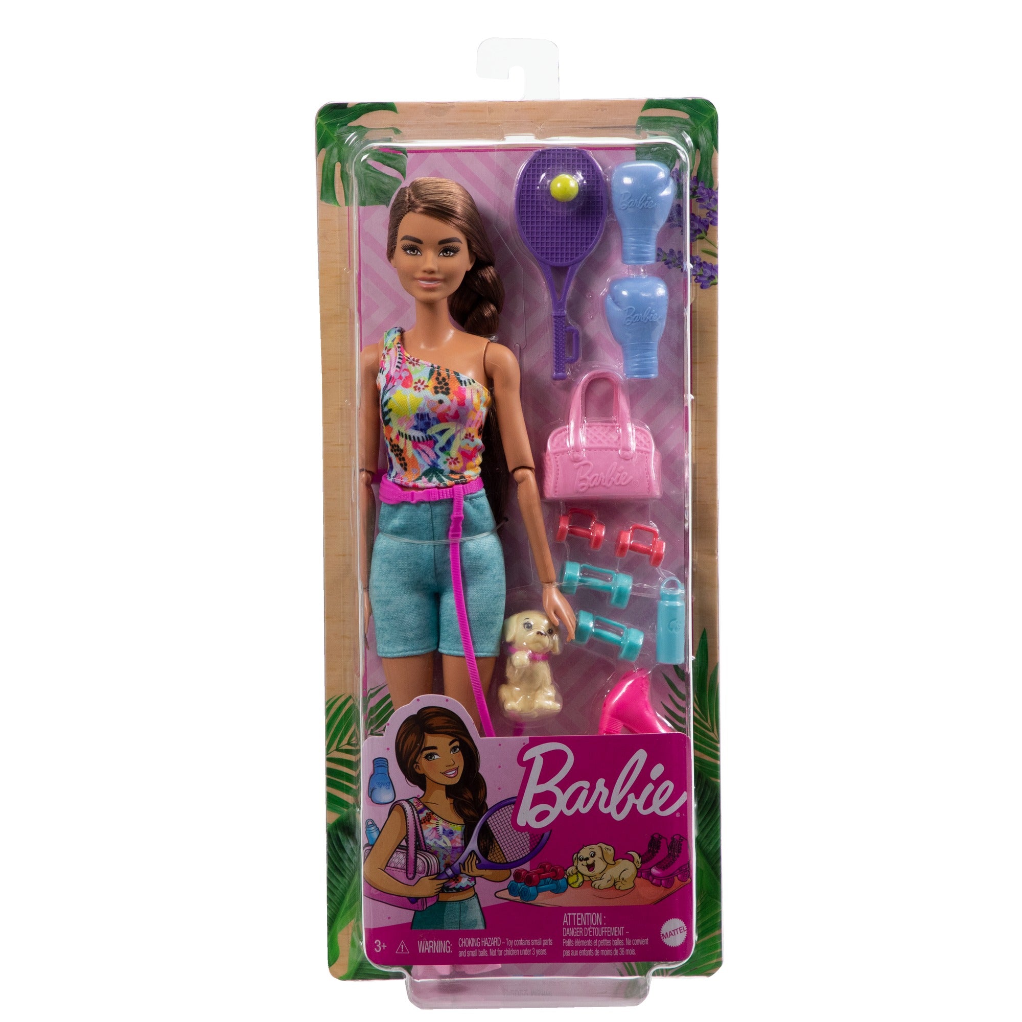 Barbie Wellness Doll Playset with Brunette Doll with Pet Puppy, Barbie Sets, Workout Theme with Accessories, Self-Care Series, Roller Skates and Tennis for Kids Ages 3+