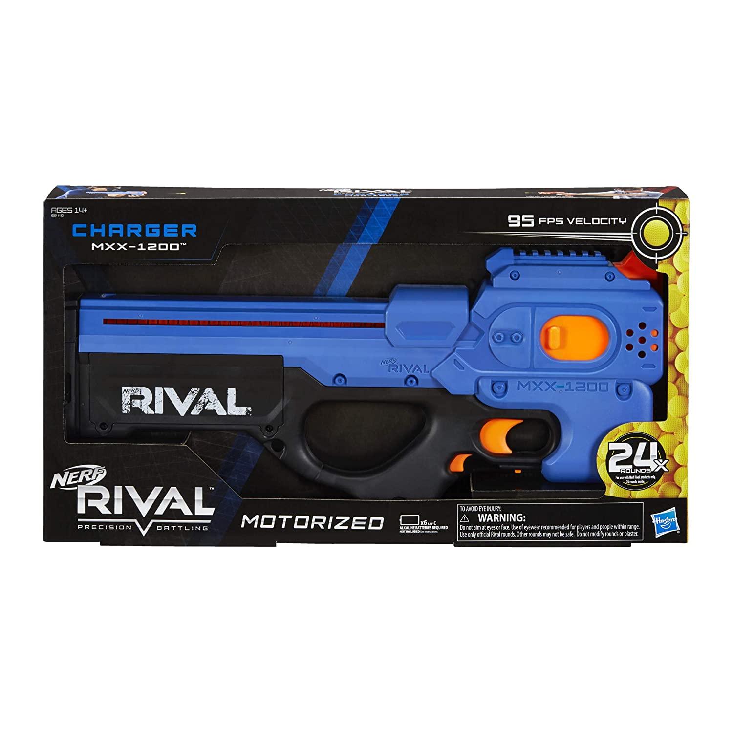 Nerf Rival Charger Mxx-1200 Motorized Blaster, 12-Round Capacity, 100 FPS Velocity, Includes 24 Rival Rounds, Team Blue - FunCorp India