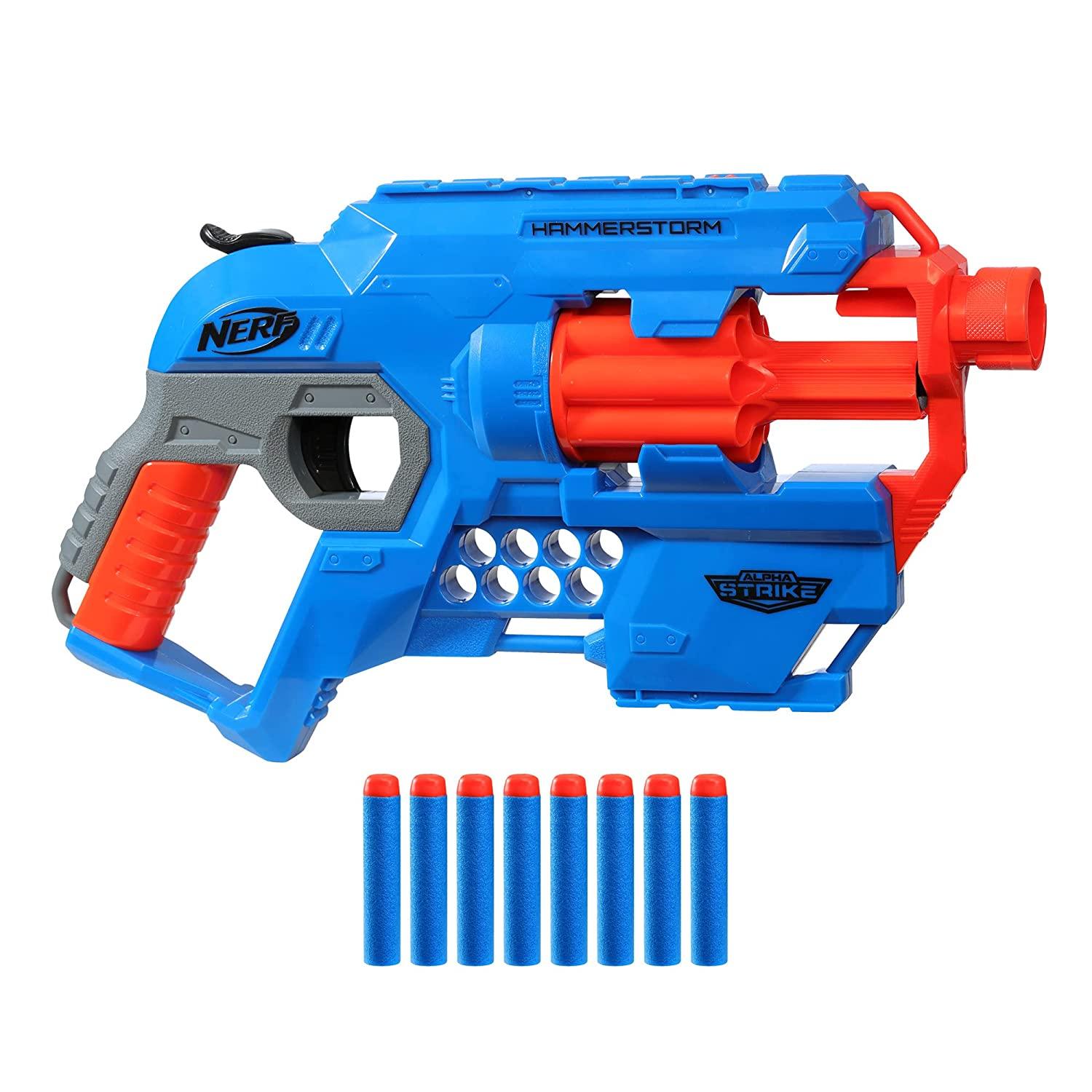 Nerf Alpha Strike Hammerstorm Blaster, Hammer-Priming Action, 8-Dart Drum, 8 Darts - FunCorp India