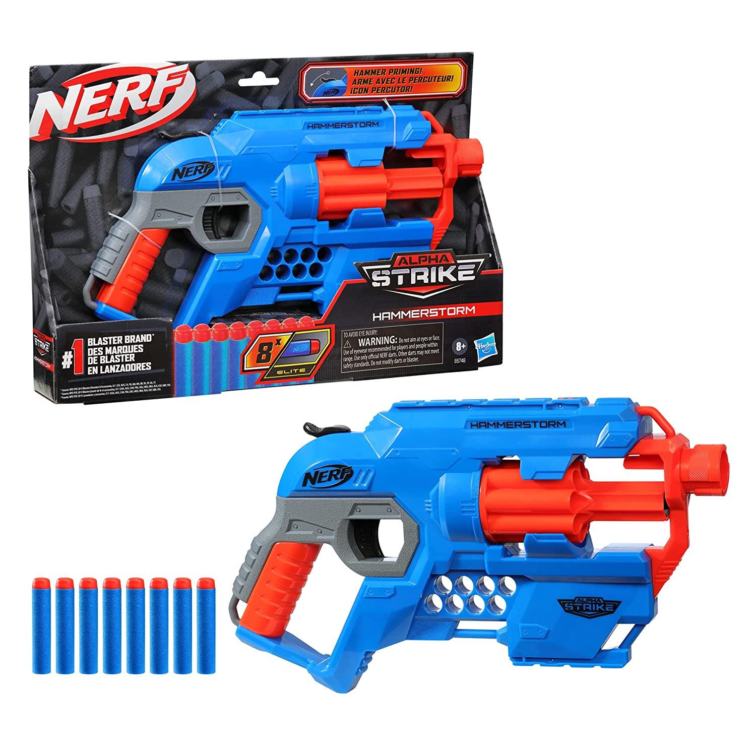 Nerf Alpha Strike Hammerstorm Blaster, Hammer-Priming Action, 8-Dart Drum, 8 Darts - FunCorp India