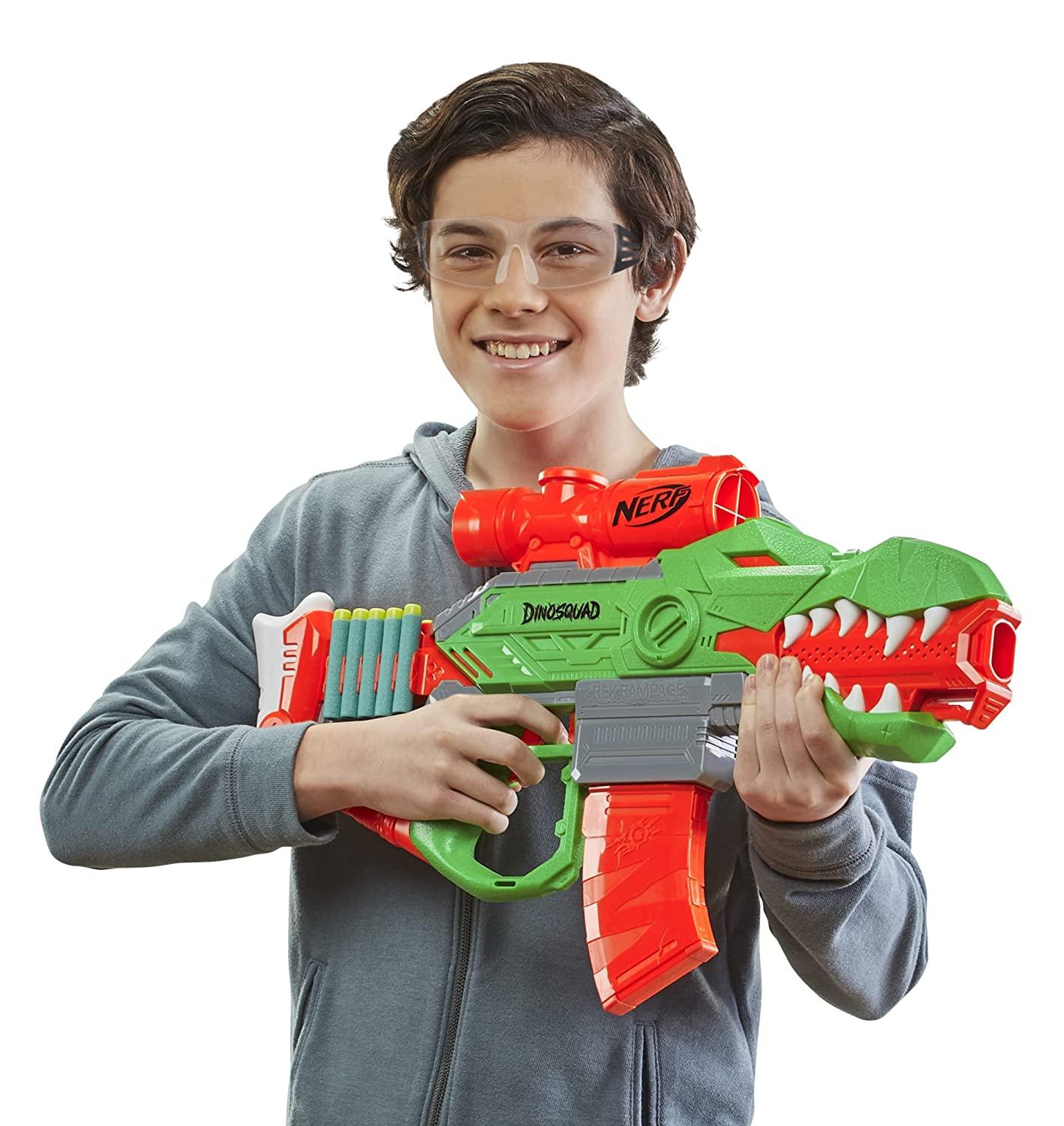 Nerf DinoSquad Rex-Rampage Motorized Dart Blaster, 10-Dart Clip, 20 Official Nerf Darts, 10-Dart Storage- T-Rex Dinosaur Design - FunCorp India