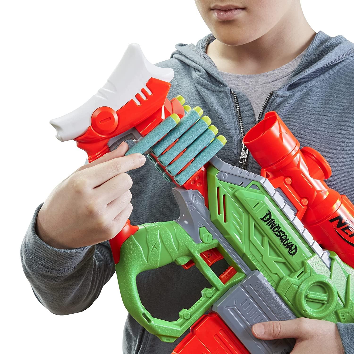 Nerf DinoSquad Rex-Rampage Motorized Dart Blaster, 10-Dart Clip, 20 Official Nerf Darts, 10-Dart Storage- T-Rex Dinosaur Design - FunCorp India