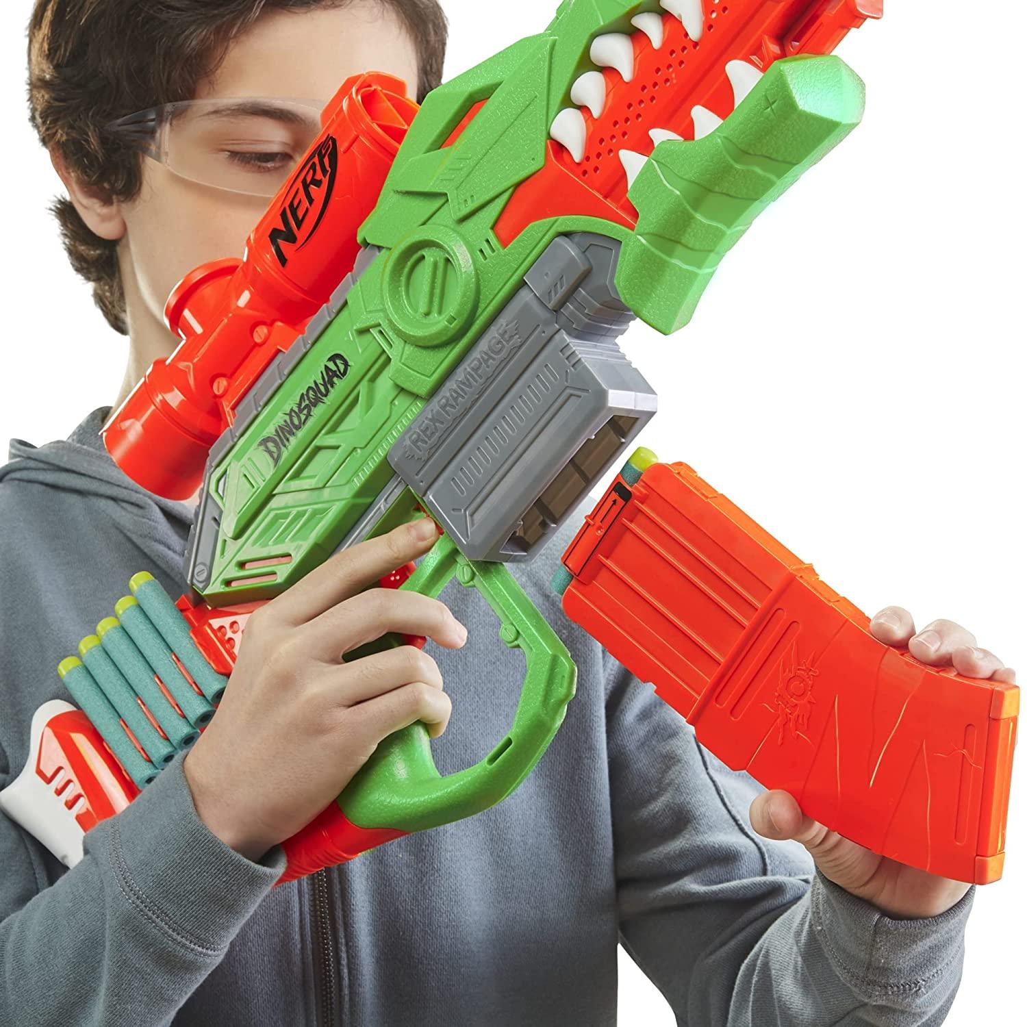 Nerf DinoSquad Rex-Rampage Motorized Dart Blaster, 10-Dart Clip, 20 Official Nerf Darts, 10-Dart Storage- T-Rex Dinosaur Design - FunCorp India