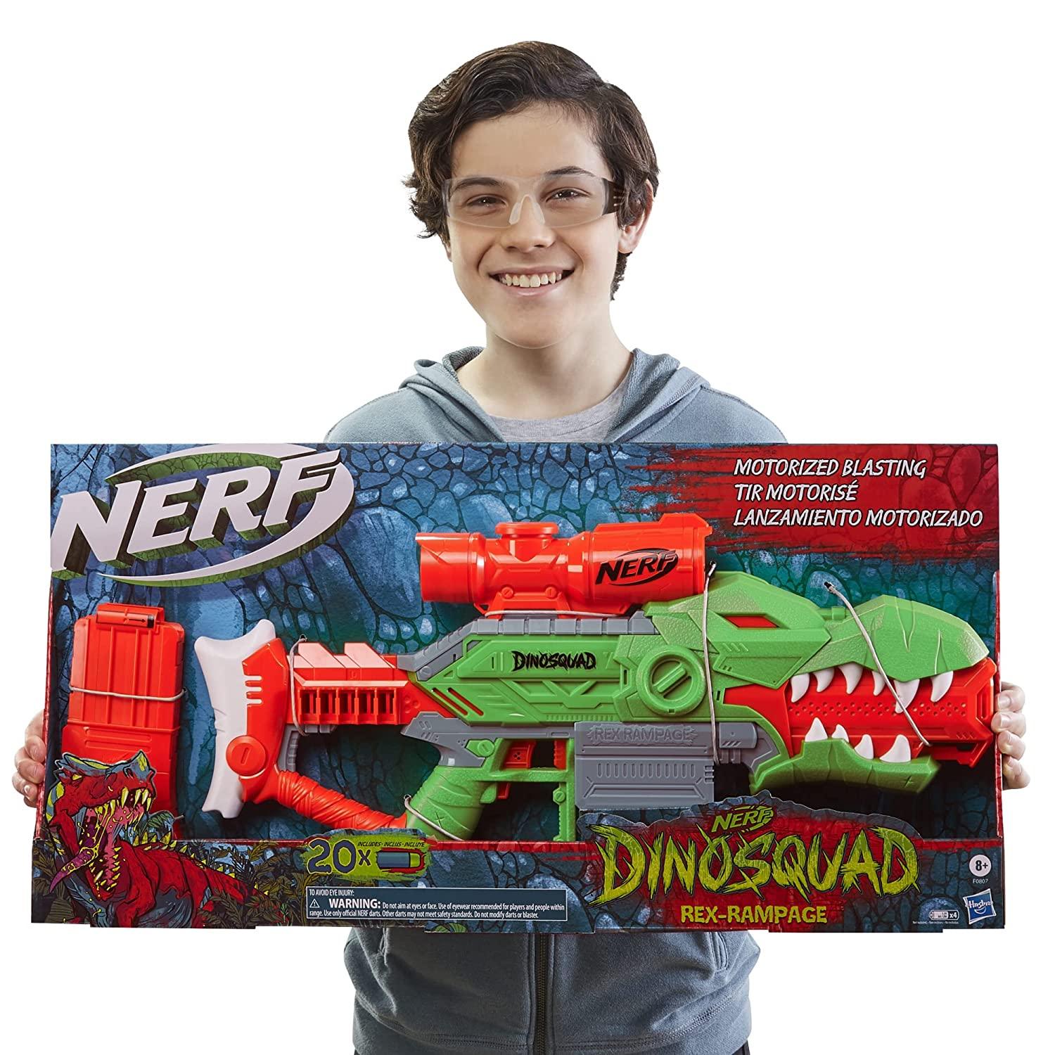 Nerf DinoSquad Rex-Rampage Motorized Dart Blaster, 10-Dart Clip, 20 Official Nerf Darts, 10-Dart Storage- T-Rex Dinosaur Design - FunCorp India