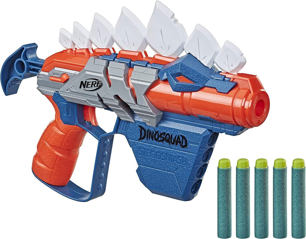 Nerf Dinosquad Stegosmash Dart Blaster, 4-Dart Storage, Pull-Back Priming Handle, 5 Official Nerf Darts, Dinosaur Design, Stegosaurus Spikes