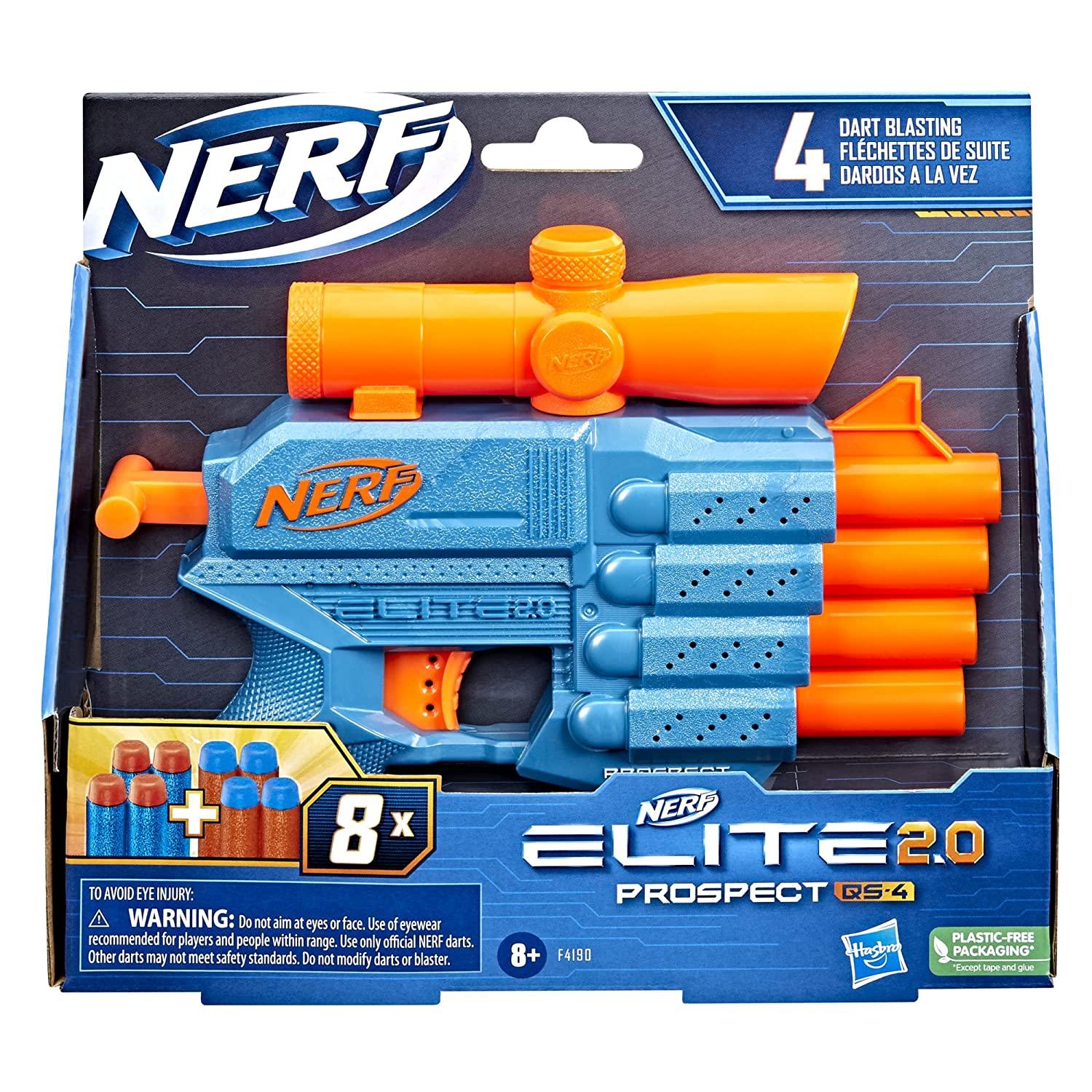 Nerf Elite 2.0 Prospect QS-4 Blaster, 8 Official Nerf Elite Darts, 4-Dart Blasting, Nonremovable Targeting Scope - FunCorp India