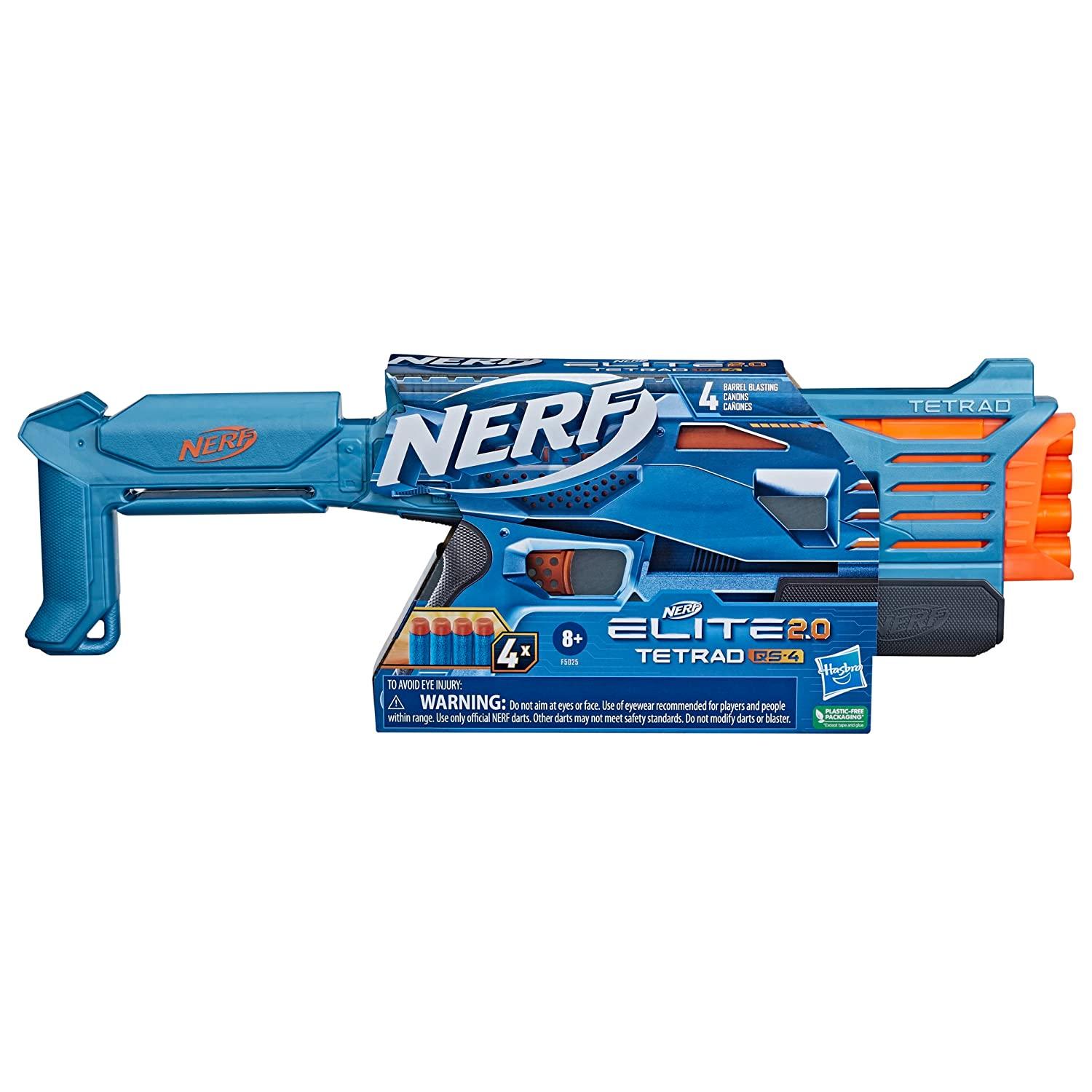 Nerf Elite 2.0 Tetrad QS-4 Blaster, 4 Nerf Elite Darts, 4-Barrel Blasting, Tactical Rail for Customizing Capability - FunCorp India