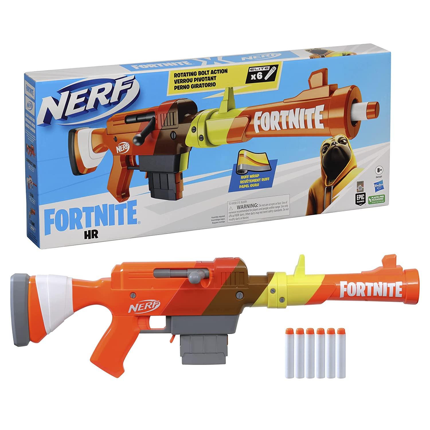 Nerf Fortnite HR Dart Blaster, Ruff Wrap Design, 6-Dart Elite Clip, 6 Nerf Elite Darts, Rotating Bolt, Detachable Barrel - FunCorp India