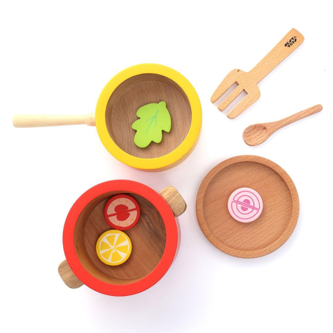 Nesta Toys Wooden Pot and Pan Pretend Play Kitchen Set of 9 for Kids Ages 3+ - FunCorp India