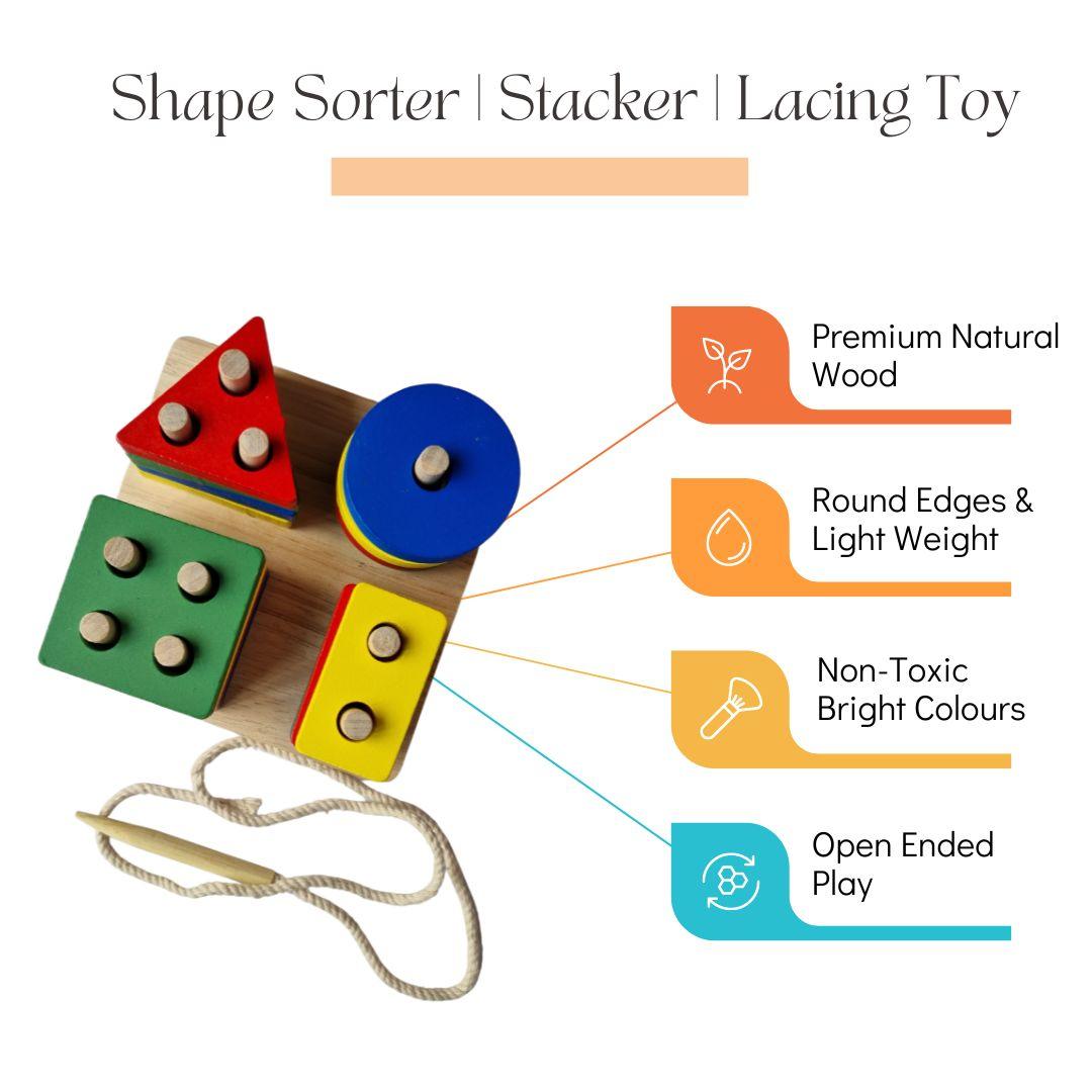 Nesta Toys Wooden Shape Sorter Puzzle - Wooden Sorting, Stacking & Lacing Toy for Ages 2+ - FunCorp India