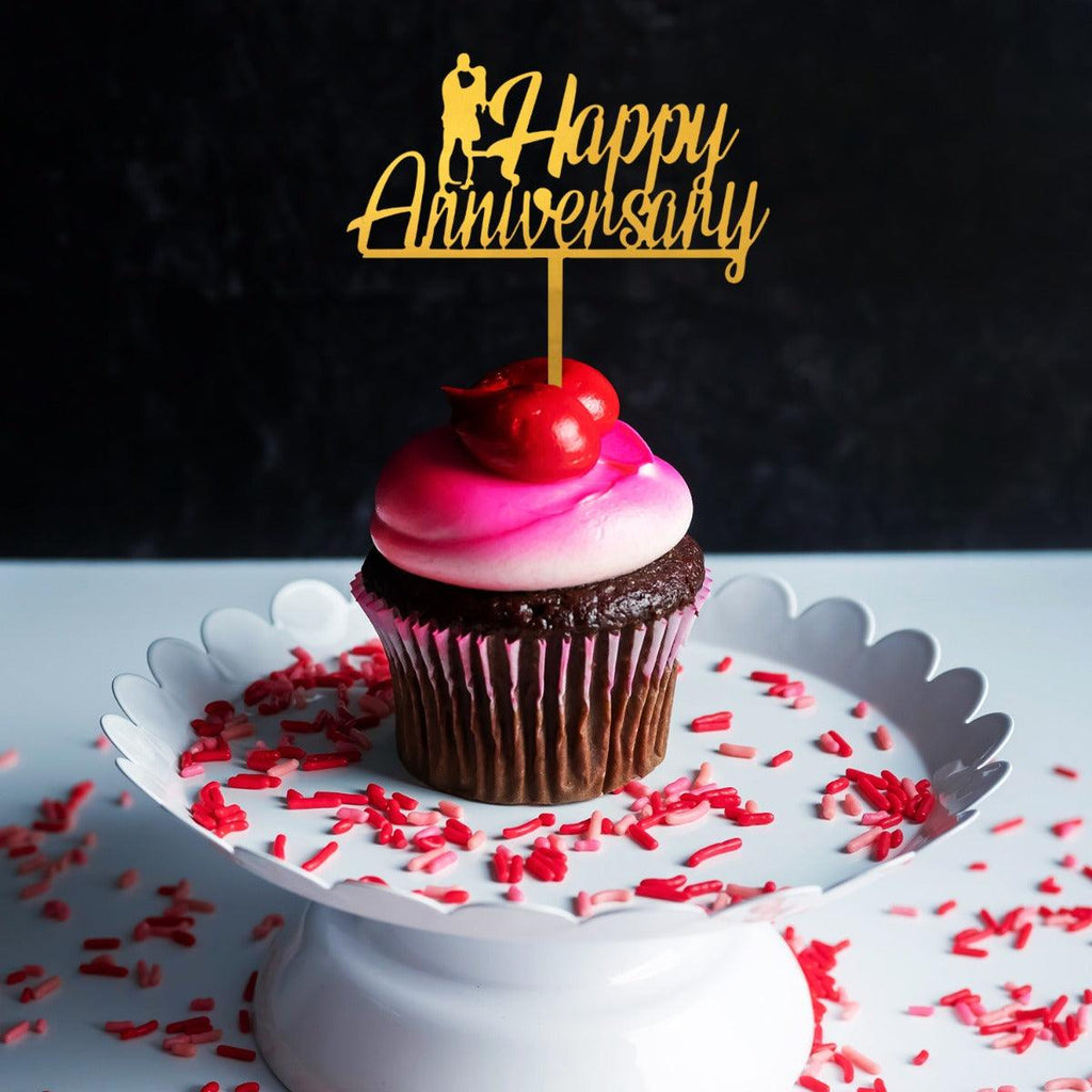 PartyCorp Gold Acrylic Happy Anniversary With Romantic Pose Cake Topper, 1 Piece