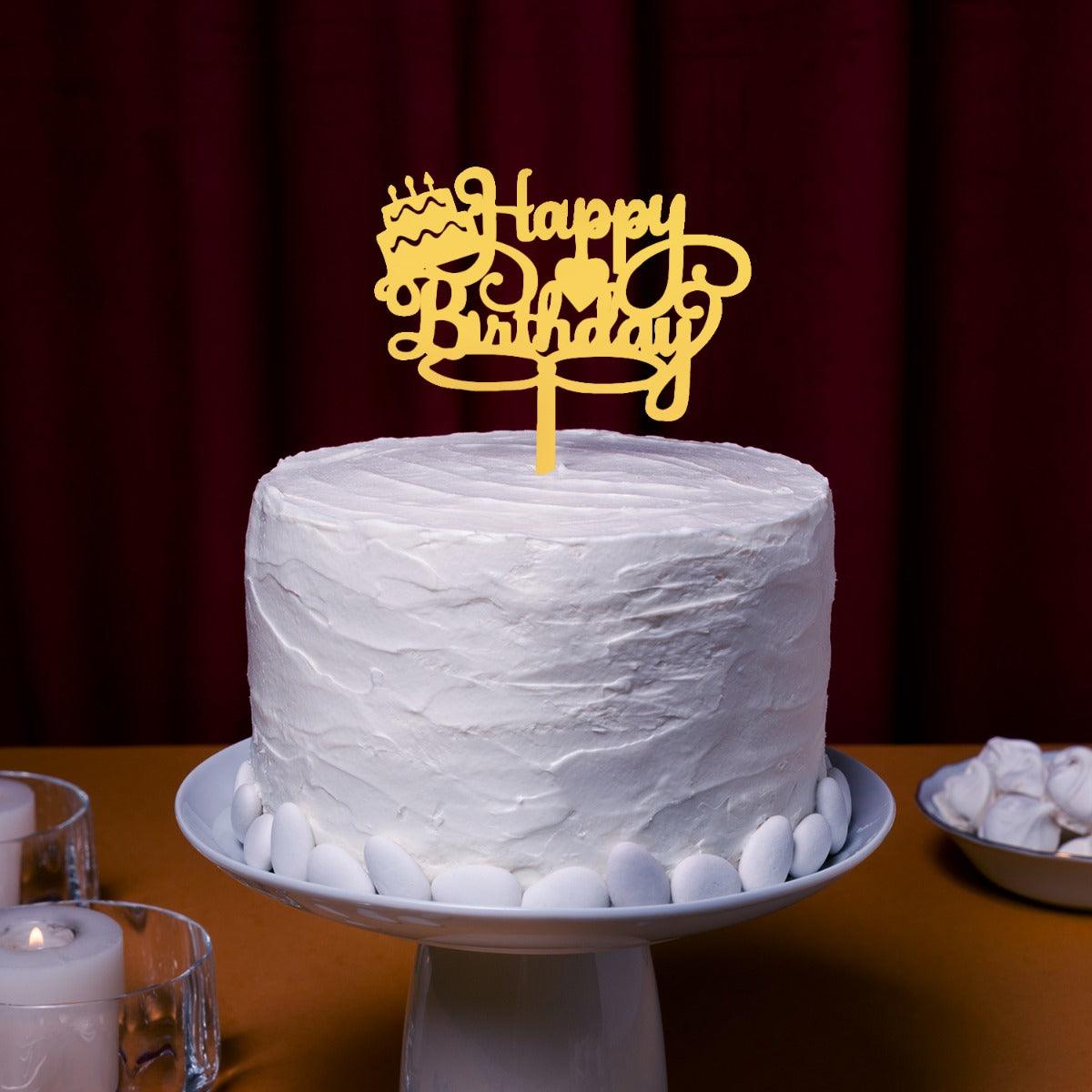 PartyCorp Gold Acrylic Happy Birthday With Cake & Heart Cake Topper, 1 Piece