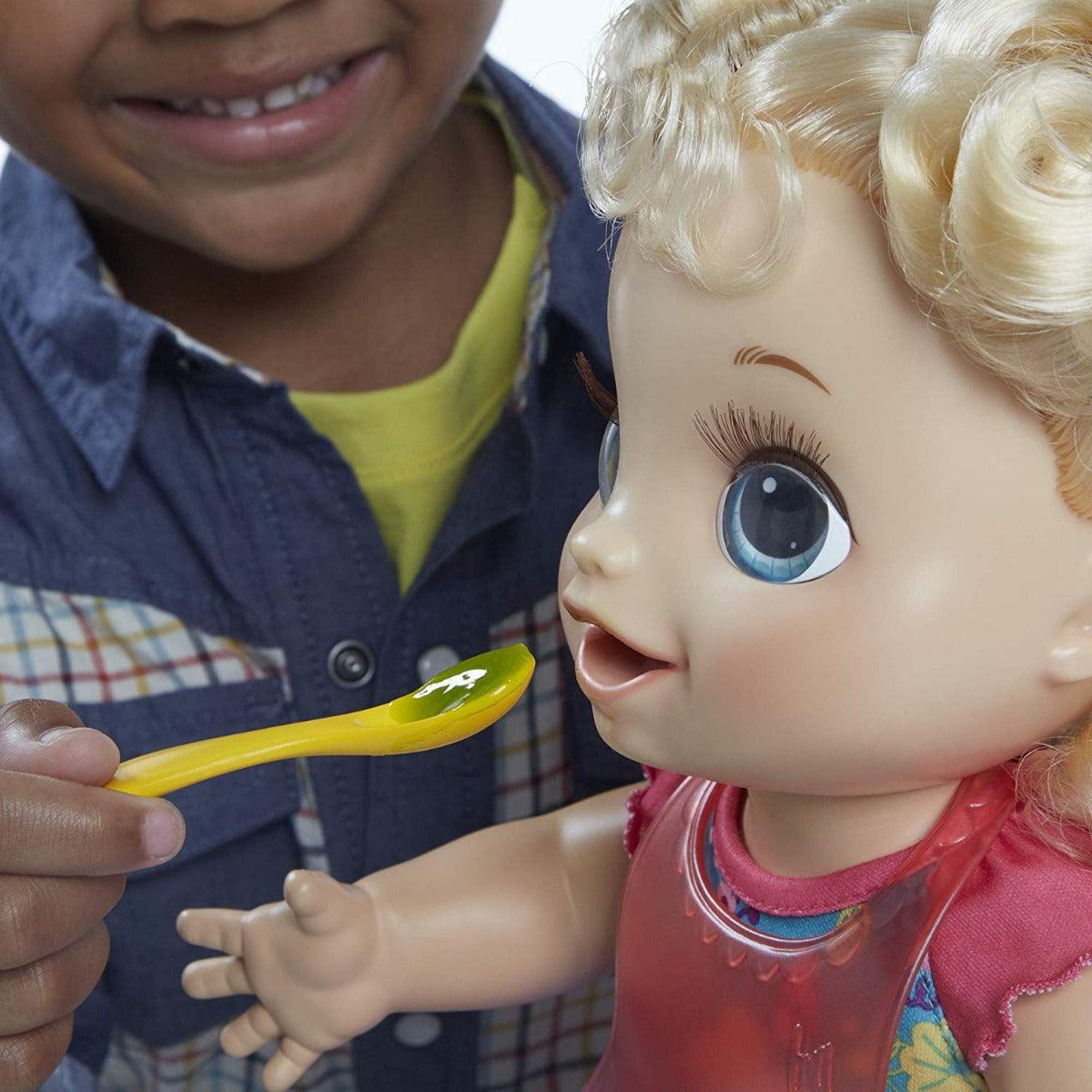 Baby Alive Happy Hungry Baby Blond Curly Hair Doll, Makes 50+ Sounds and Phrases, Eats and Poops, Drinks and Wets