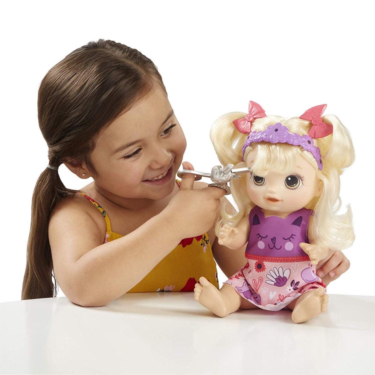 Baby Alive Snip Style Baby Blonde Hair Talking Doll with Bangs That Grow Then Get Shorter