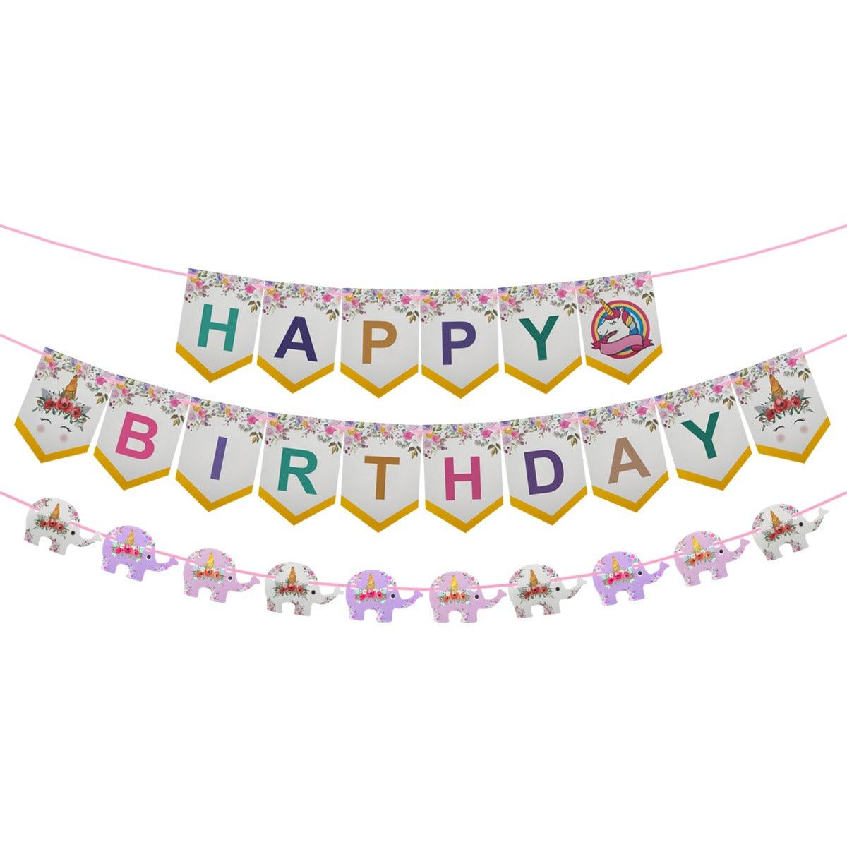 PartyCorp Multicolour Happy Birthday Flower Themed Printed With MultiColour Elephant Shaped Garland Wall Banner Decoration Set