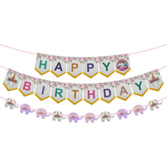 PartyCorp Multicolour Happy Birthday Flower Themed Printed With MultiColour Elephant Shaped Garland Wall Banner Decoration Set