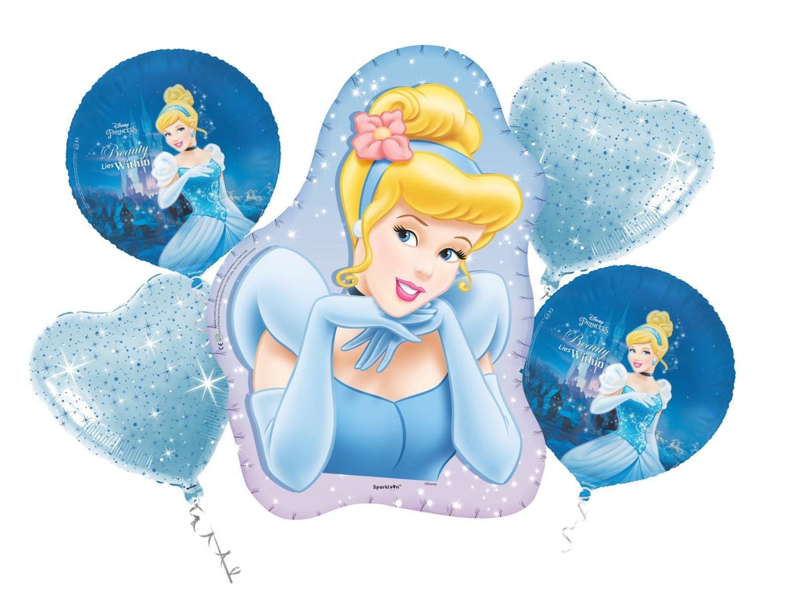 Disney Princess Cinderella Set, Pack of 5 Foil Balloons - 2 Round, 1 Mini Cutout and 2 Heart