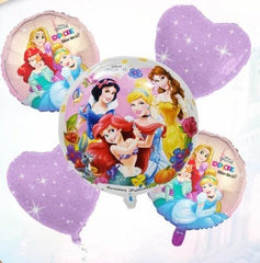Disney Princess Multi Princess Transparent Set, Pack of 5 Balloons - 2 Round, 1 Transparent and 2 Heart
