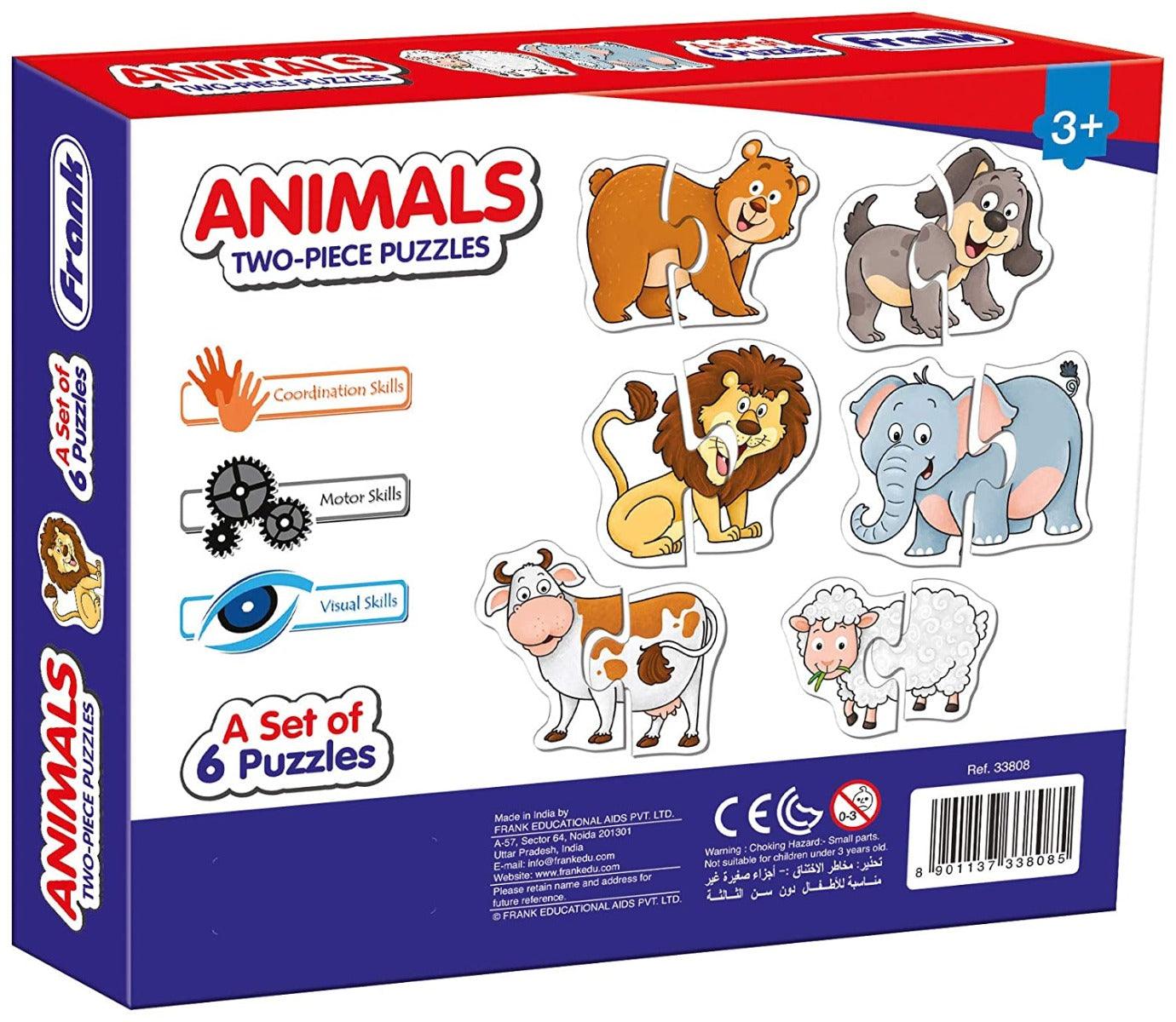 Frank Animals Puzzles - A Set of 6 Two-Piece Shaped Jigsaw Puzzles for 3 Year Old Kids and Above