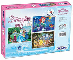 Frank Disney Princess 3 Puzzles in 1 - A Set of 3 48 Pc Jigsaw Puzzles for 5 Year Old Kids and Above