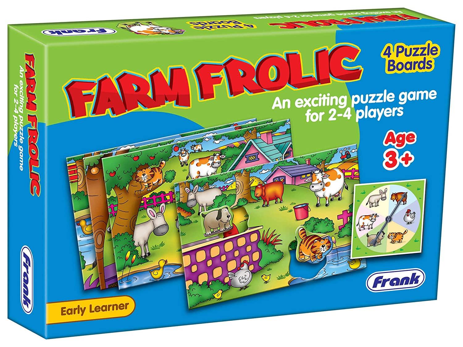 Frank Farm Frolic ‚Äö√Ñ√¨ 4 Puzzle Boards, 24 Animal Pieces, 1 Spinner Board, Early Learner Educational Puzzle Set