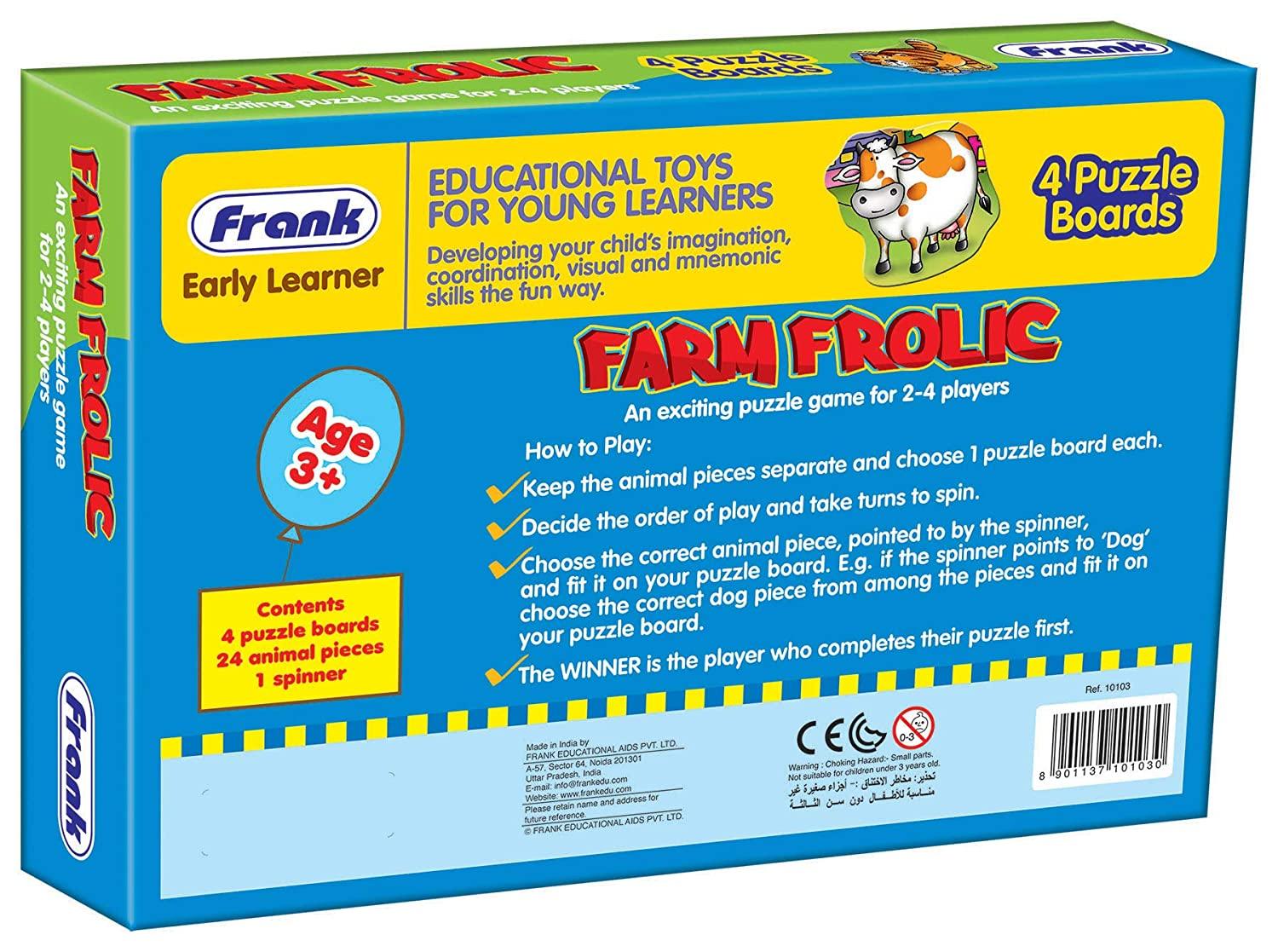 Frank Farm Frolic ‚Äö√Ñ√¨ 4 Puzzle Boards, 24 Animal Pieces, 1 Spinner Board, Early Learner Educational Puzzle Set