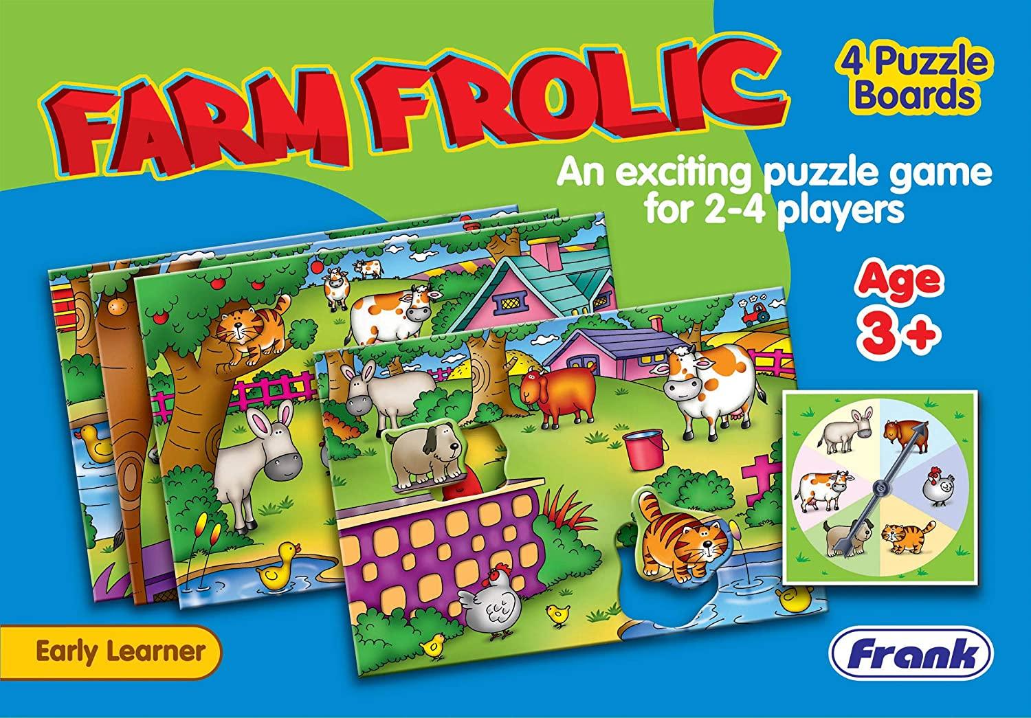 Frank Farm Frolic ‚Äö√Ñ√¨ 4 Puzzle Boards, 24 Animal Pieces, 1 Spinner Board, Early Learner Educational Puzzle Set