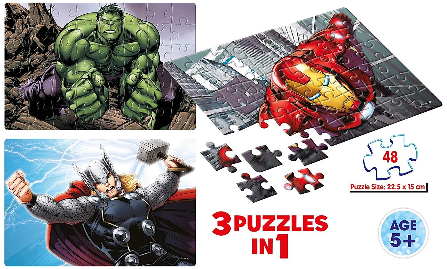 Frank Marvel Avengers 3 Puzzles in 1 - A Set of 3 48 Pc Jigsaw Puzzles for 5 Year Old Kids and Above