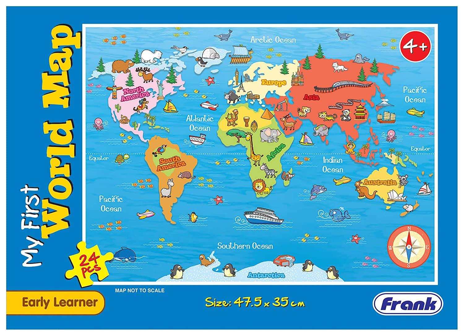 Frank My First World Map Puzzle - Early Learner Large Educational Jigsaw Puzzle with Continents, Oceans, Animals for Ages 4 & Above