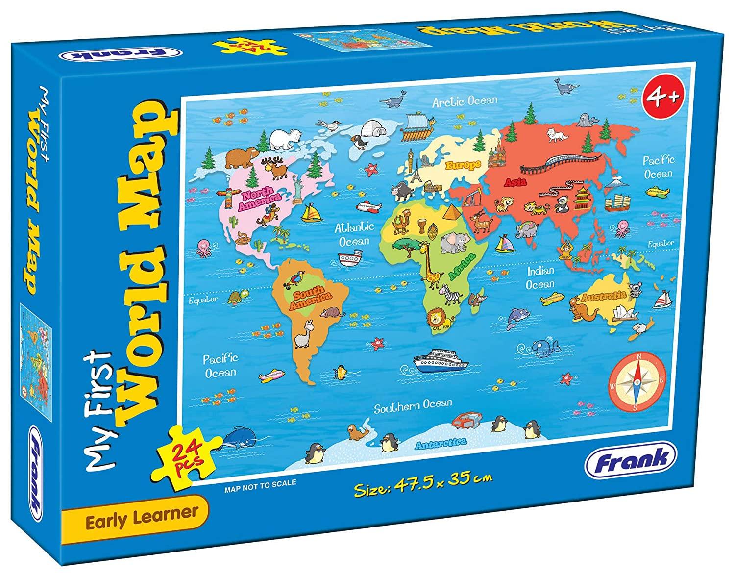 Frank My First World Map Puzzle - Early Learner Large Educational Jigsaw Puzzle with Continents, Oceans, Animals for Ages 4 & Above