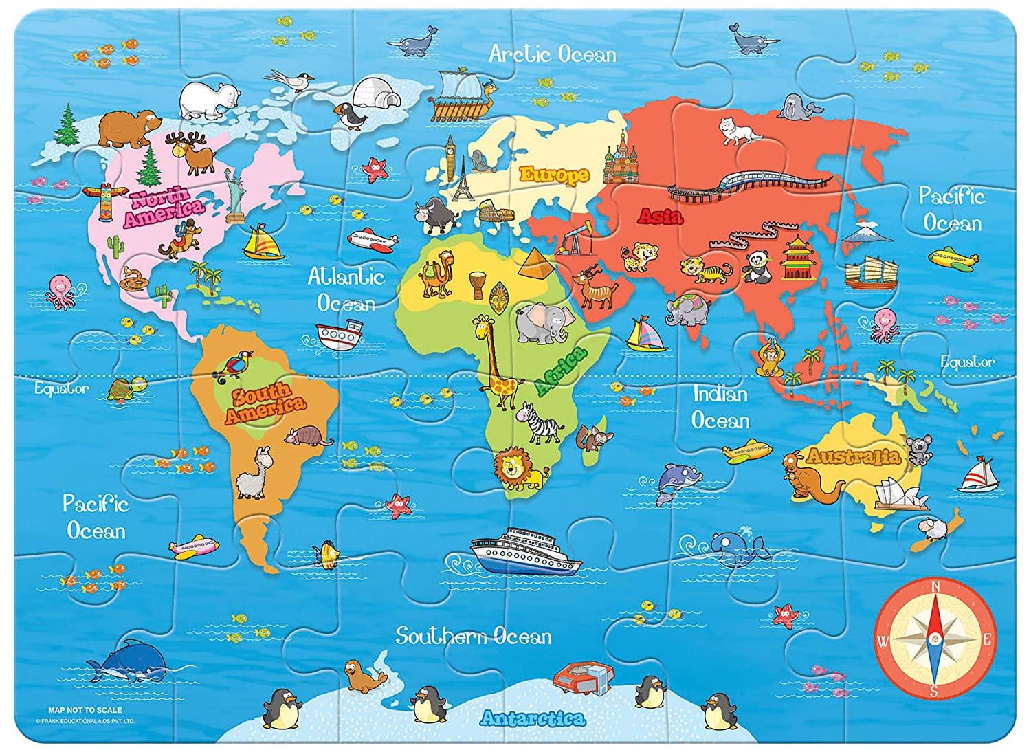 Frank My First World Map Puzzle - Early Learner Large Educational Jigsaw Puzzle with Continents, Oceans, Animals for Ages 4 & Above