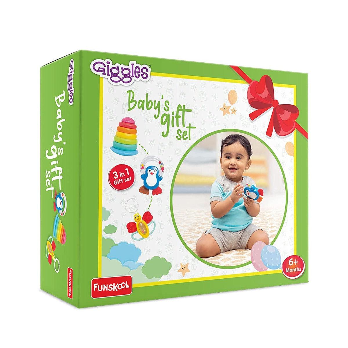 Funskool Giggles Baby's 3 in 1 Gift Set, Stacking Rings, Teether, Rattle for New Born Ages 6 Months & Above
