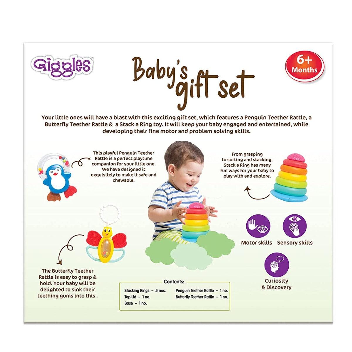 Funskool Giggles Baby's 3 in 1 Gift Set, Stacking Rings, Teether, Rattle for New Born Ages 6 Months & Above