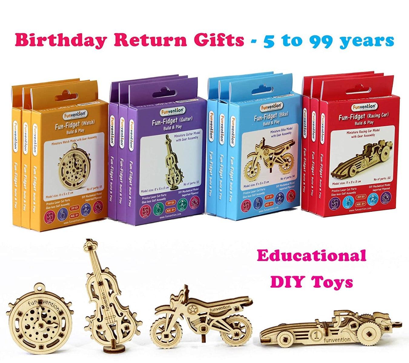 Funvention Fun Fidgets - Assorted - Pack of 12 DIY Miniature Mechanical Model (Car, Bike, Watch & Guitar) Birthday Return Gifts