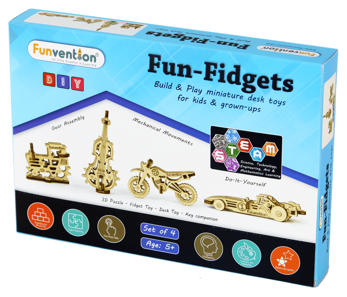 Funvention Fun Fidgets - Assorted - Set of 4 Miniature Mechanical Model - DIY 3D Puzzle, Keychain, Desk Toy