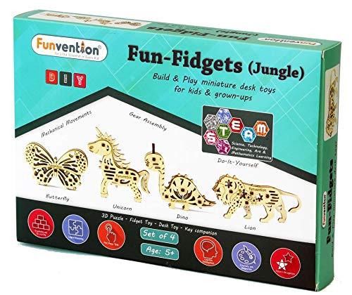 Funvention Fun Fidgets - Jungle - Set of 4 Miniature Mechanical Models - DIY 3D Puzzle, Keychain, Desk Toy