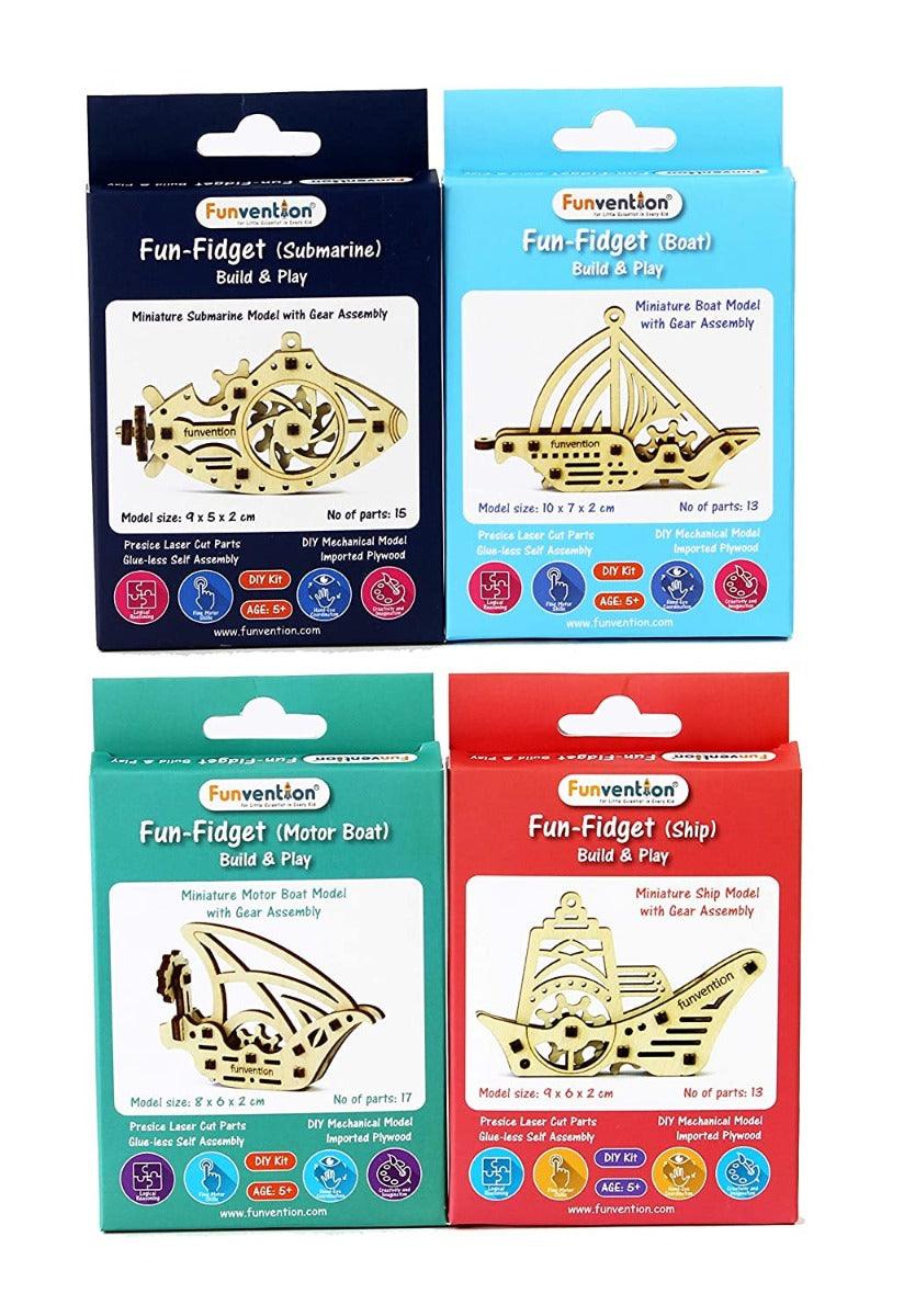 Funvention Fun Fidgets - Ships - Pack of 12 DIY Miniature Mechanical Model (Boat, Ship, Motor Boat & Submarine) Birthday Return Gifts