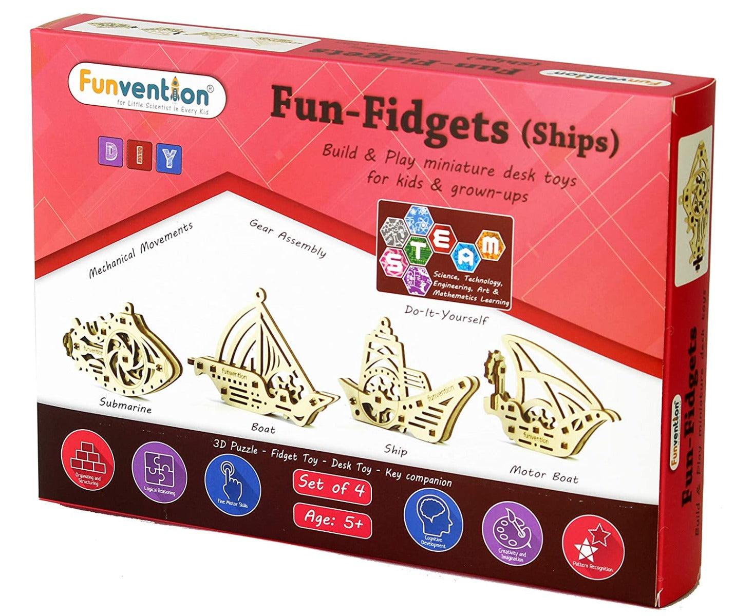 Funvention Fun Fidgets - Ships - Set of 4 Miniature Mechanical Models - DIY 3D Puzzle, Keychain, Desk Toys