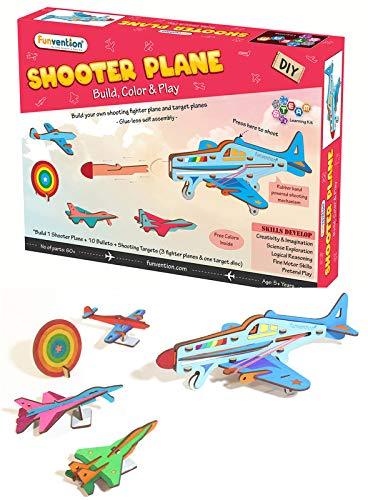 Funvention Shooter Plane - DIY Shooting Plane with 3 Target Planes - Coloring and Puzzle Activity Toy