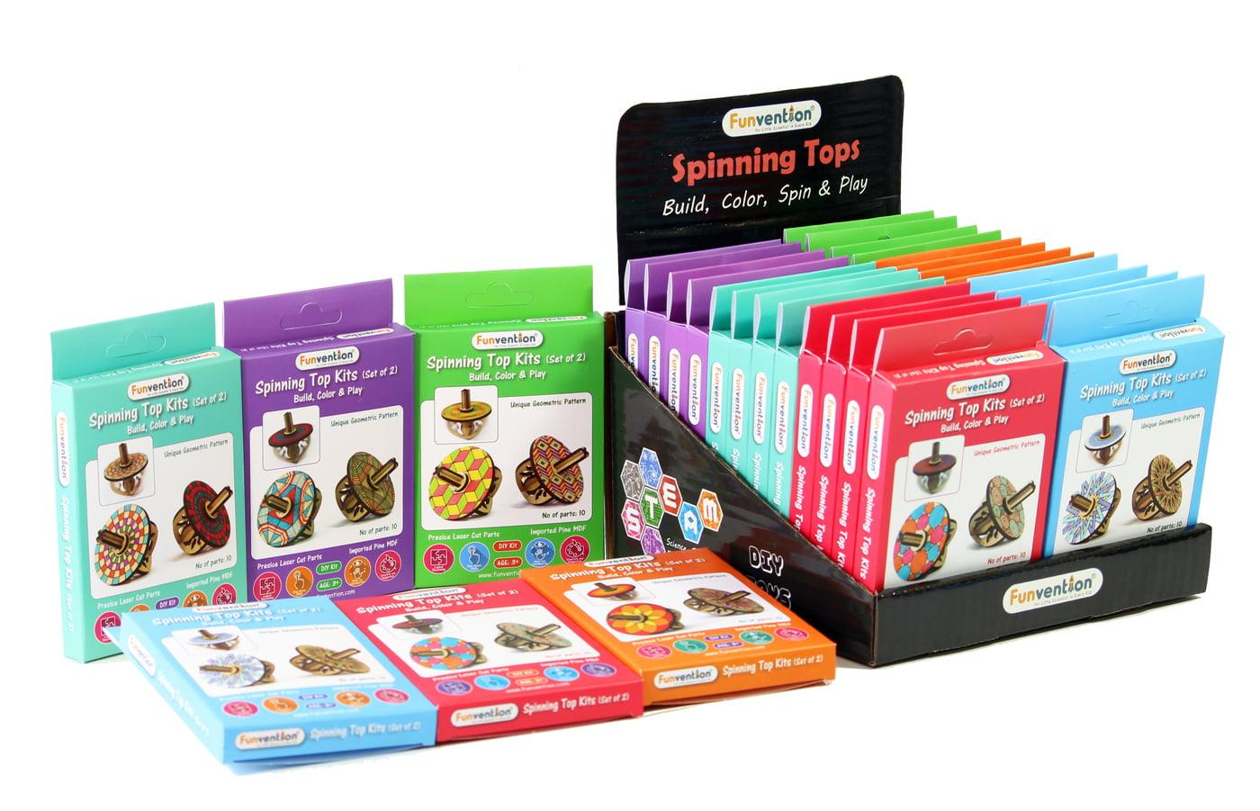 Funvention Spinning Tops (Geometric Patterns) - Pack of 24 (2 Tops per Pack) DIY & Coloring activity- Birthday Return Gifts