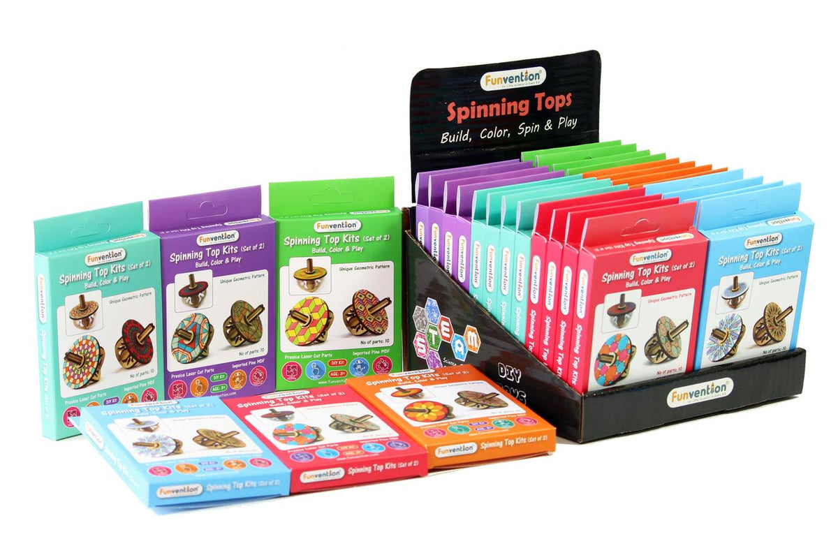 Funvention Spinning Tops (Geometric Patterns) - Pack of 24 (2 Tops per Pack) DIY & Coloring activity- Birthday Return Gifts